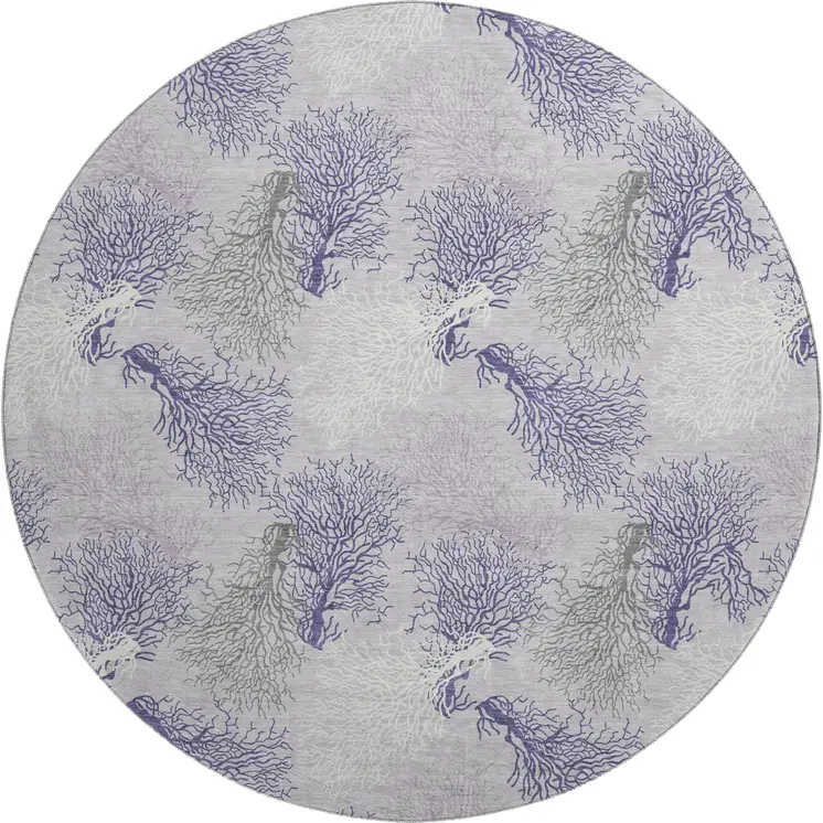 8' Purple Ivory And Gray Geometric Washable Round Rug With UV Protection