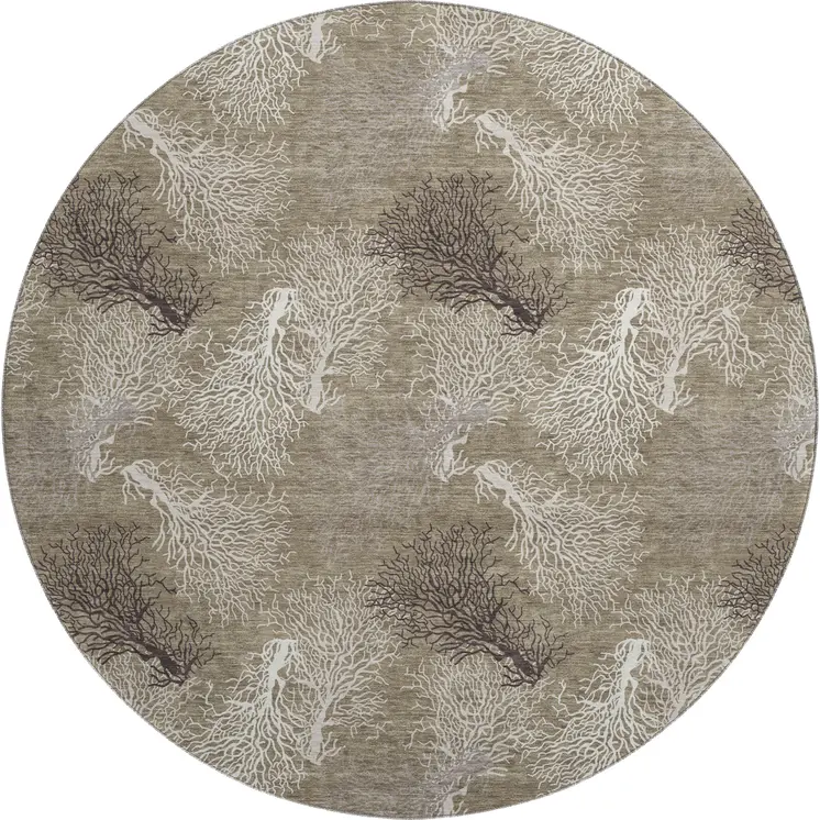 8' Latte Ivory And Gray Geometric Washable Round Rug With UV Protection