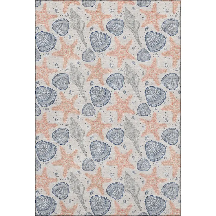 5' X 8' Peach Ivory And Navy Blue Geometric Washable Area Rug With UV Protection