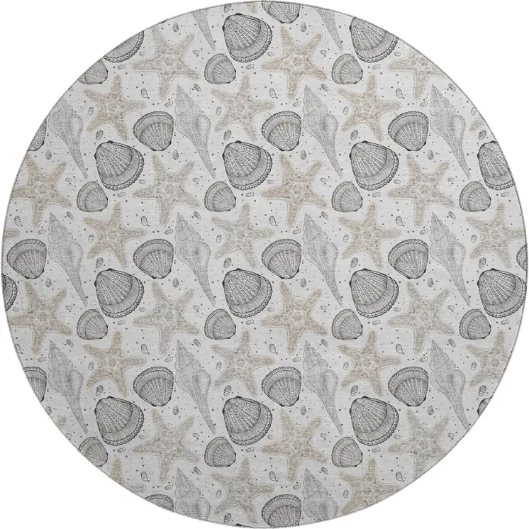 8' Light Gray And Charcoal Geometric Washable Round Rug With UV Protection