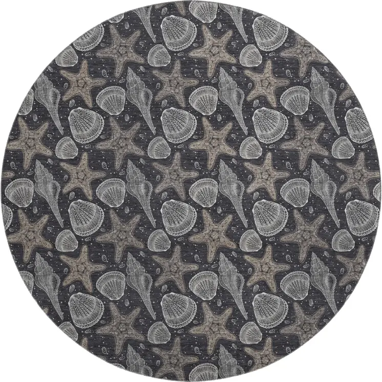8' Midnight And Taupe Geometric Washable Round Rug With UV Protection