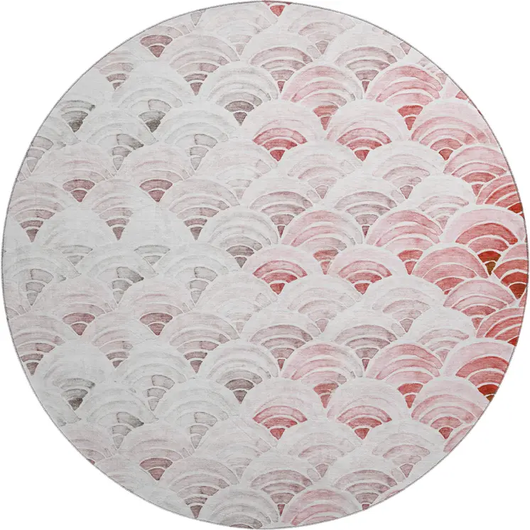 8' Red Ivory And Gray Geometric Washable Round Rug With UV Protection