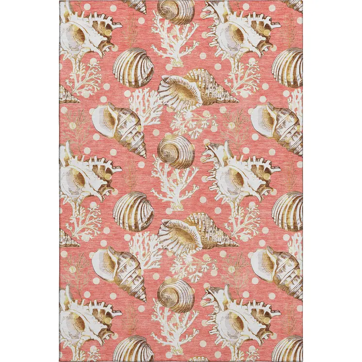5' X 8' Peach Ivory And Beige Geometric Washable Area Rug With UV Protection
