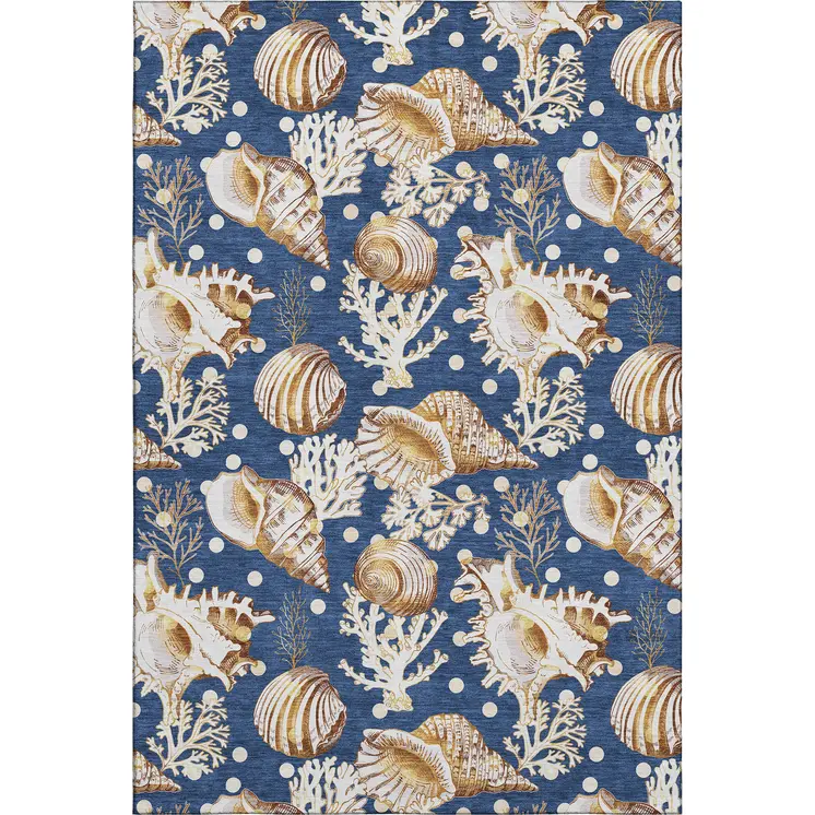 5' X 8' Blue Ivory And Beige Geometric Washable Area Rug With UV Protection