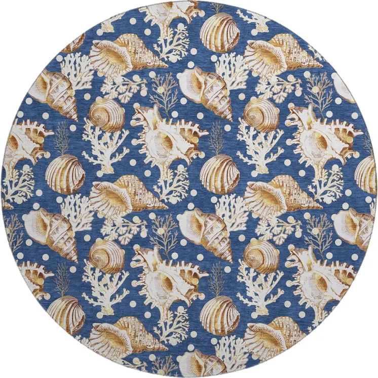 8' Blue Ivory And Beige Geometric Washable Round Rug With UV Protection