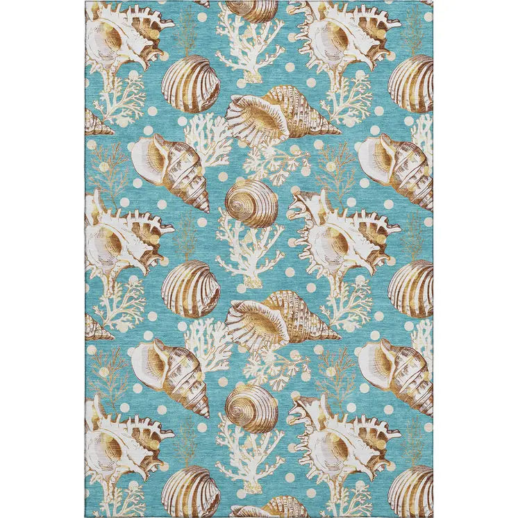 9' X 12' Aqua Ivory And Beige Geometric Washable Area Rug With UV Protection