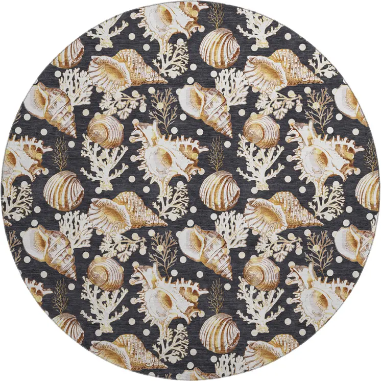 8' Midnight Ivory And Beige Geometric Washable Round Rug With UV Protection