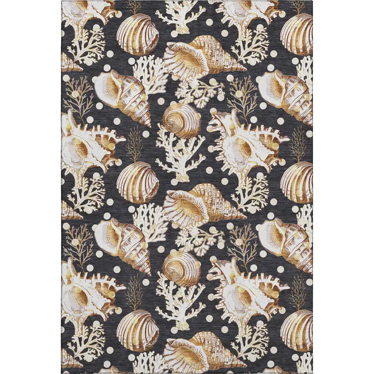 9' X 12' Midnight Ivory And Beige Geometric Washable Area Rug With UV Protection
