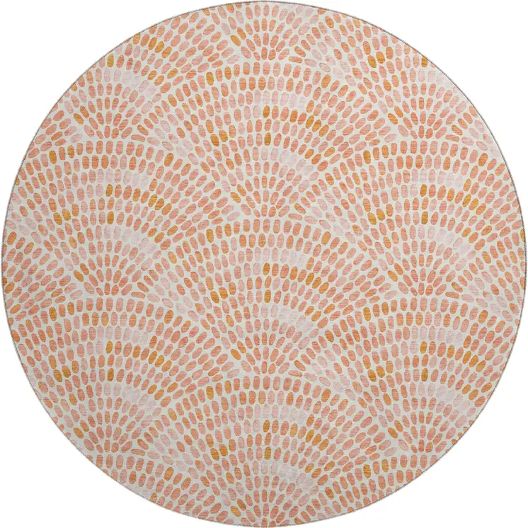 8' Peach And Ivory Geometric Washable Round Rug With UV Protection