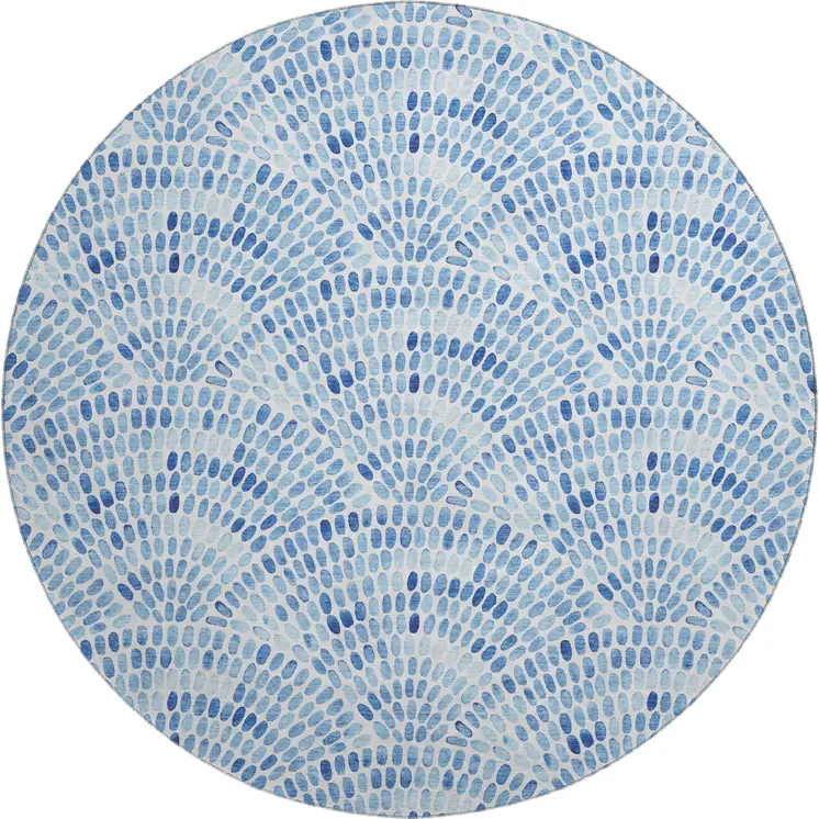 8' Blue And Ivory Geometric Washable Round Rug With UV Protection