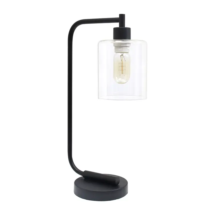 19" Black Iron Lantern Table Lamp With Clear Cylinder Shade
