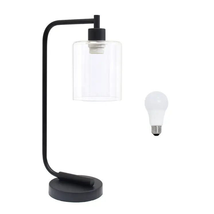 19" Black Iron Lantern Table Lamp LED With Clear Cylinder Shade