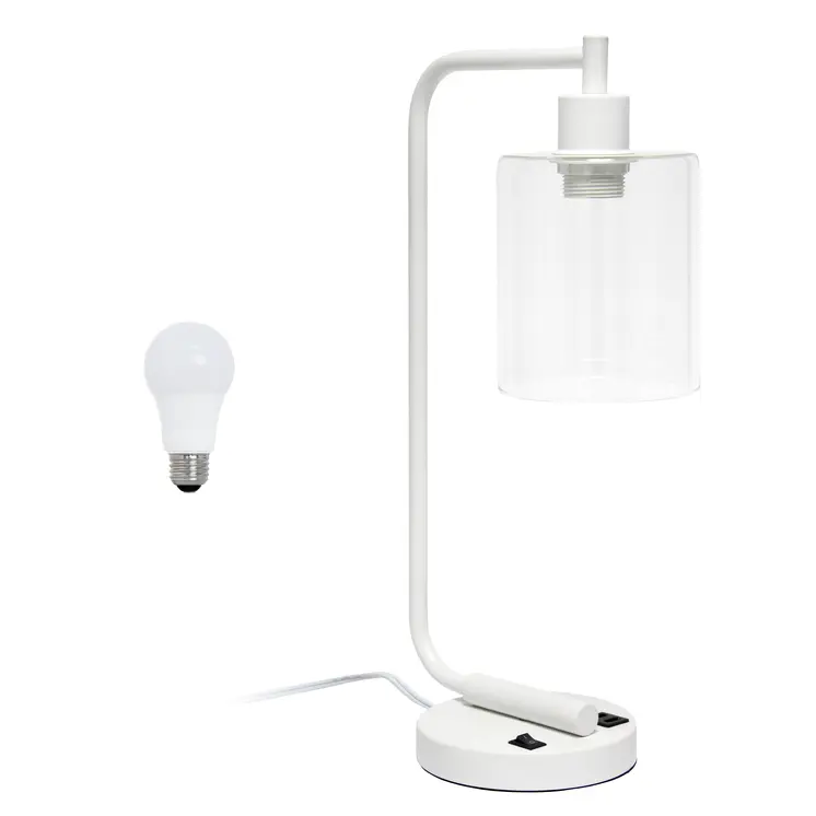 19" White Iron Lantern USB Table Lamp LED With Clear Cylinder Shade
