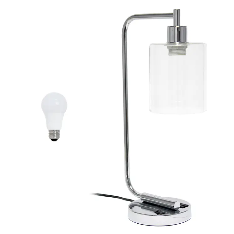 19" Silver Iron Lantern USB Table Lamp LED With Clear Cylinder Shade