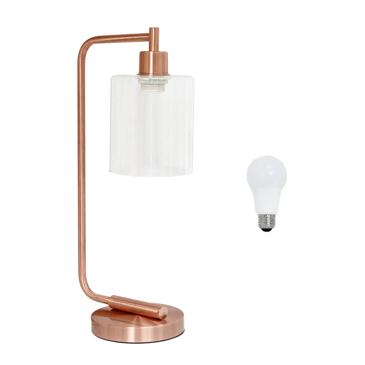 19" Rose Gold Iron Lantern Table Lamp LED With Clear Cylinder Shade