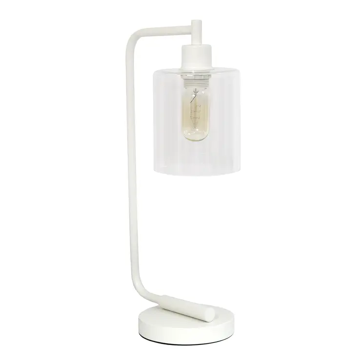 19" White Metal Lantern Table Lamp With Clear Cylinder Shade