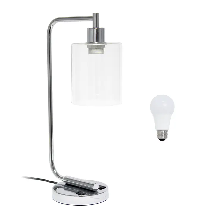 19" Silver Iron Lantern USB Table Lamp LED With Clear Cylinder Shade