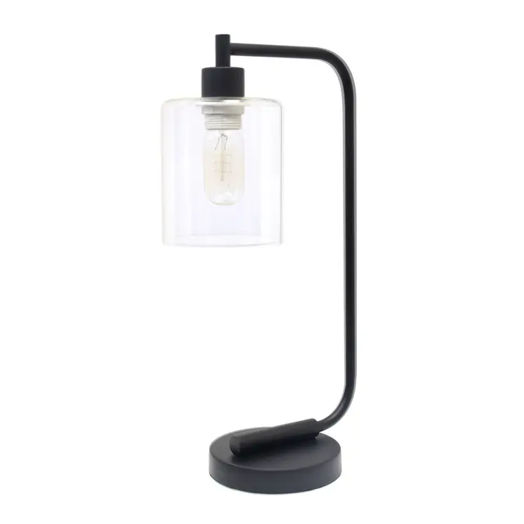 19" Black Metal Lantern Table Lamp With Clear Cylinder Shade