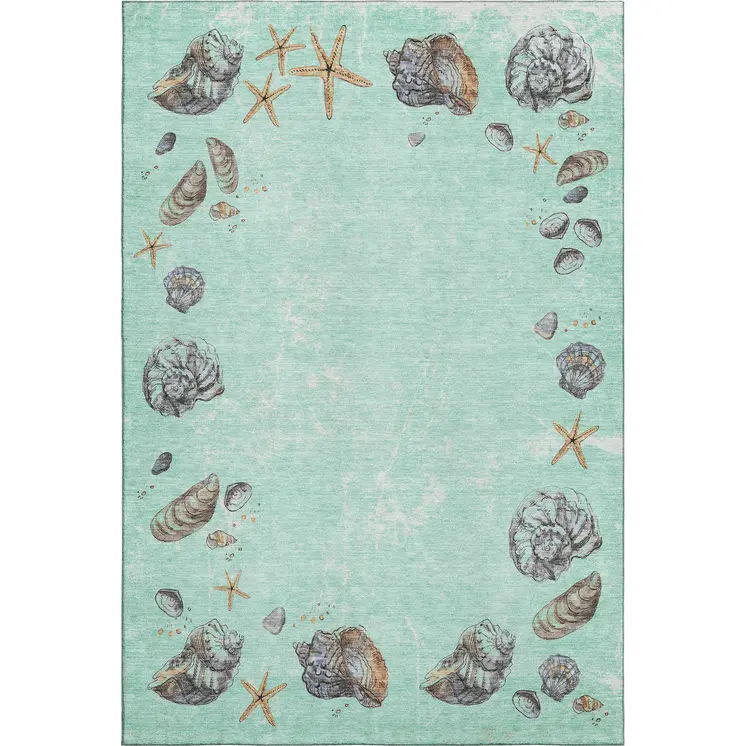 5' X 8' Green Light Blue And Beige Geometric Washable Area Rug With UV Protection