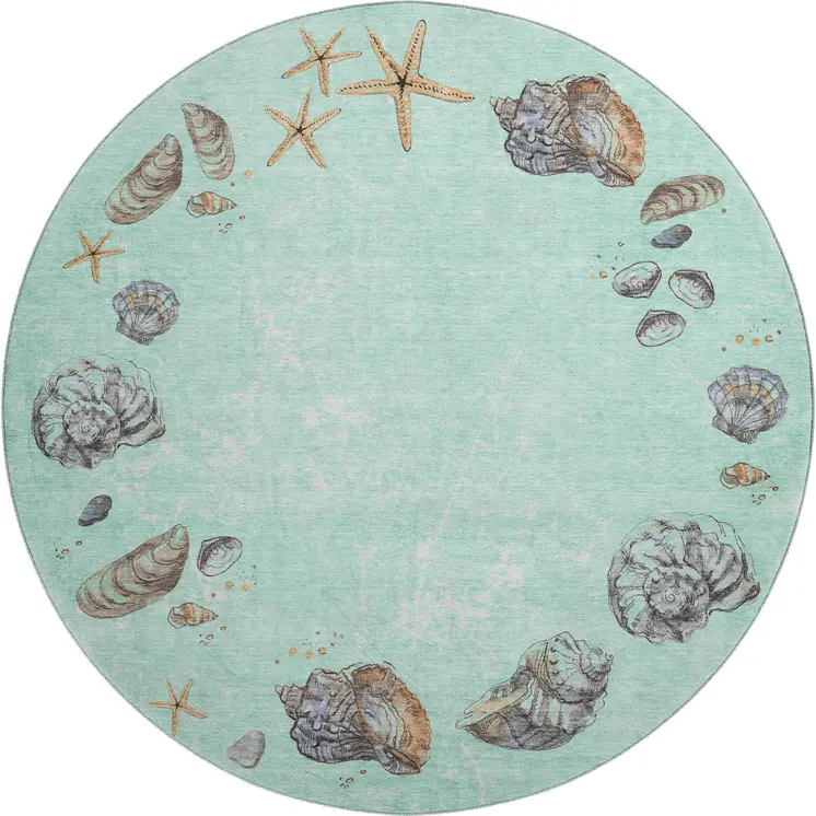 8' Green Light Blue And Beige Geometric Washable Round Rug With UV Protection