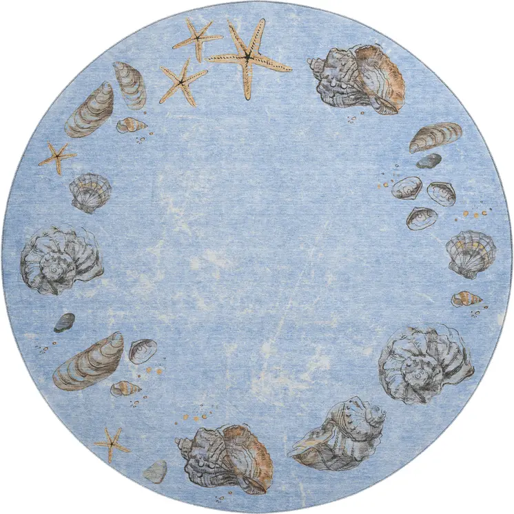 8' Blue Brown And Ivory Geometric Washable Round Rug With UV Protection