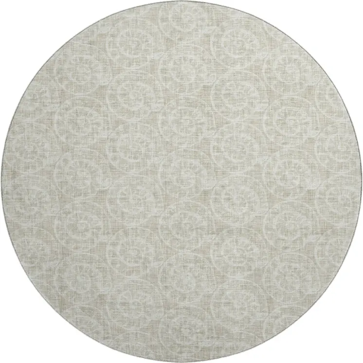 8' Beige And Ivory Geometric Washable Round Rug With UV Protection