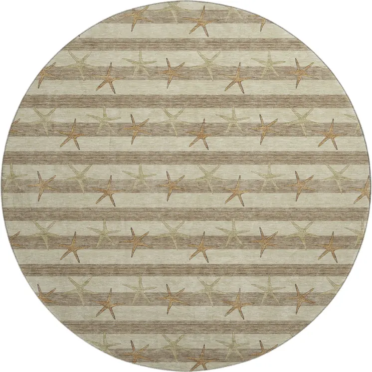 8' Tan Gold And Beige Geometric Washable Round Rug With UV Protection