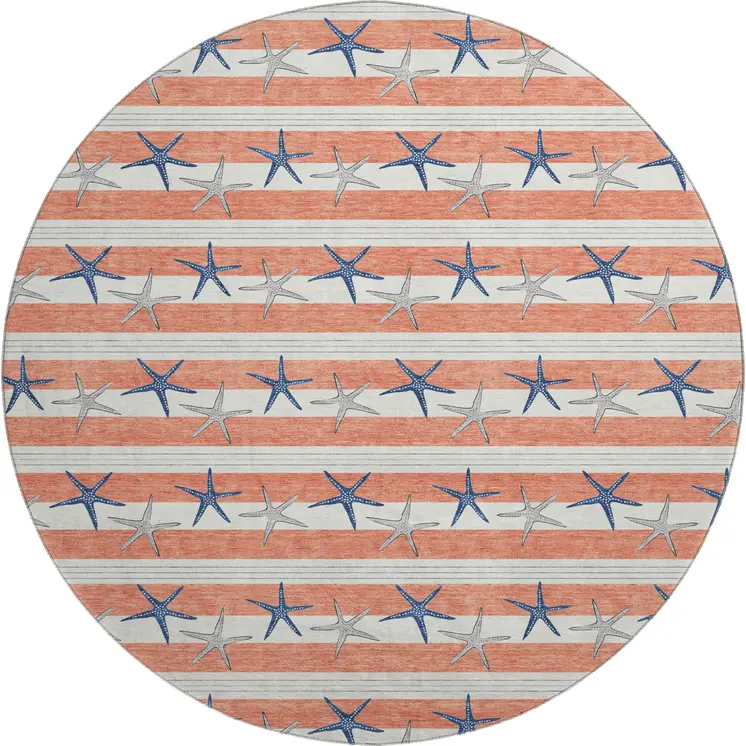 8' Coral Ivory And Navy Blue Geometric Washable Round Rug With UV Protection