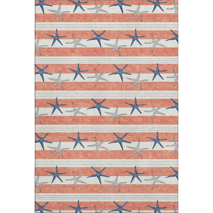 8' X 10' Coral Ivory And Navy Blue Geometric Washable Area Rug With UV Protection