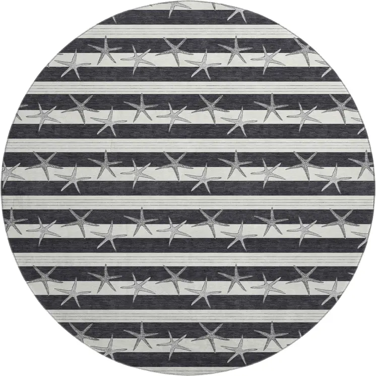 8' Midnight And Ivory Geometric Washable Round Rug With UV Protection