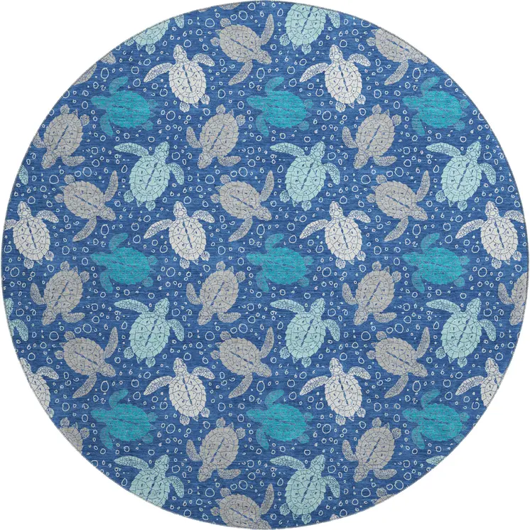 8' Blue Ivory And Gray Geometric Washable Round Rug With UV Protection