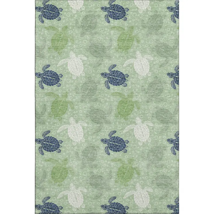 5' X 8' Green Ivory And Navy Blue Geometric Washable Area Rug With UV Protection