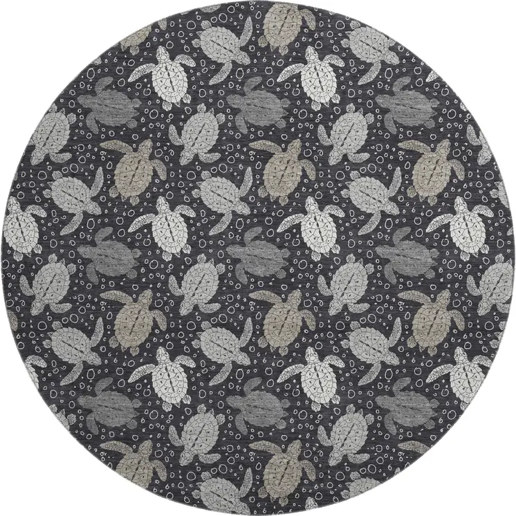 8' Midnight Ivory And Gray Geometric Washable Round Rug With UV Protection