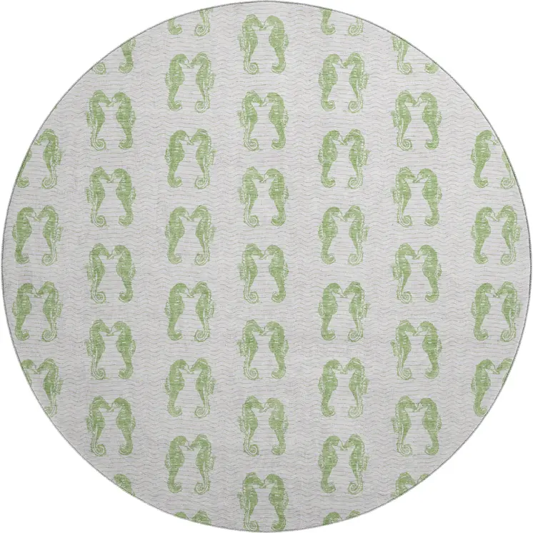 8' Green And Ivory Geometric Washable Round Rug With UV Protection