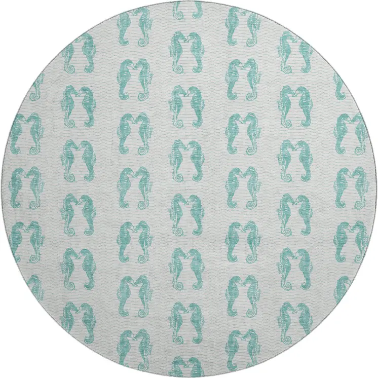 8' Aqua And Ivory Geometric Washable Round Rug With UV Protection