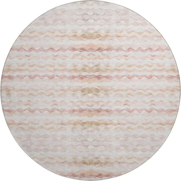 8' Peach Ivory And Beige Geometric Washable Round Rug With UV Protection