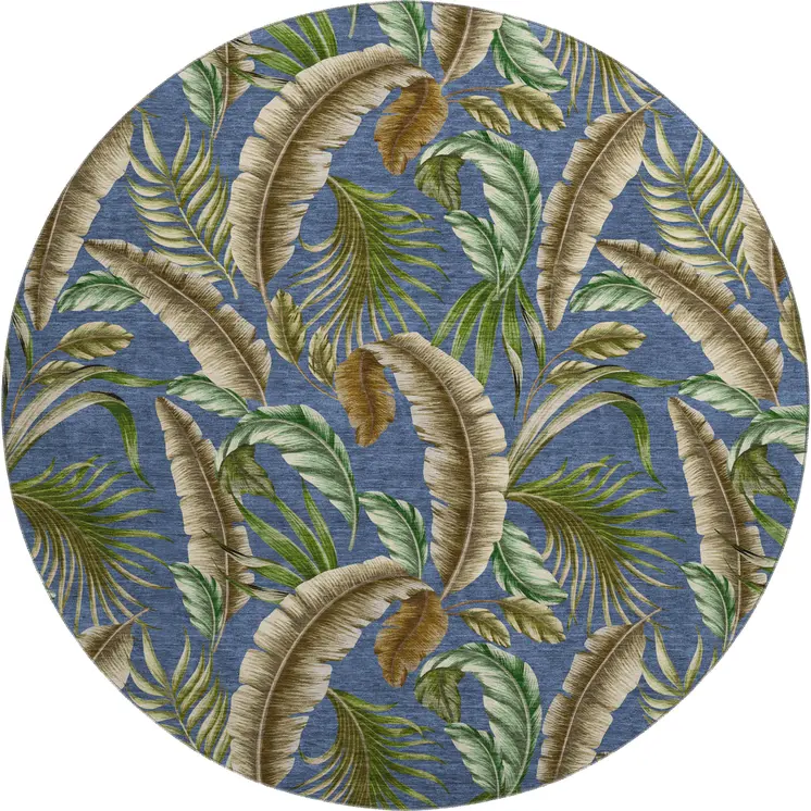 8' Blue Green And Brown Geometric Washable Round Rug With UV Protection