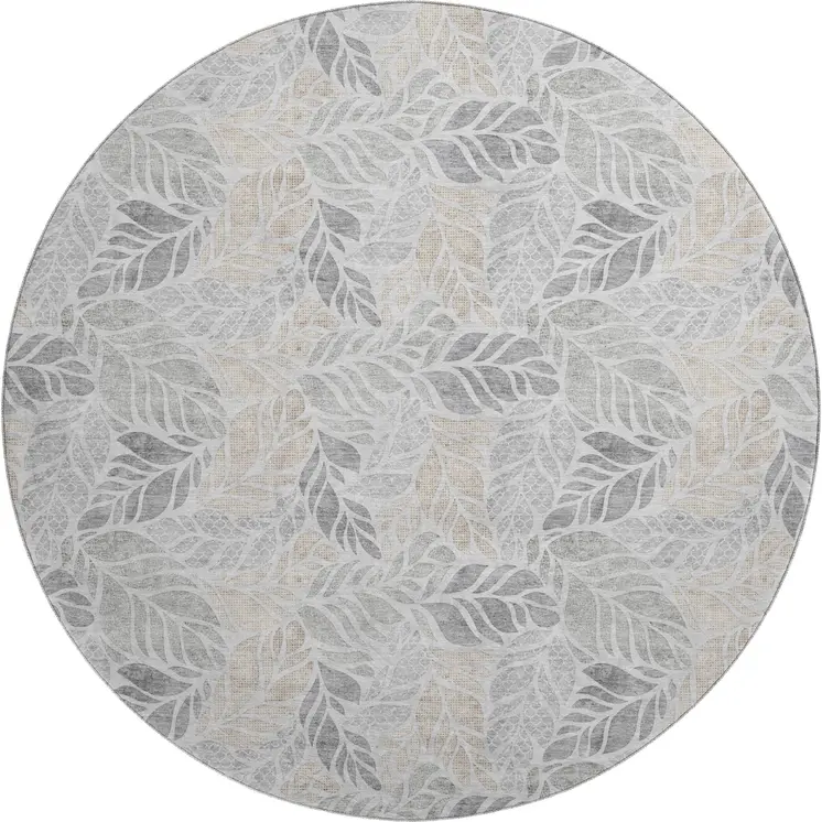 8' Light Gray Taupe And Charcoal Geometric Washable Round Rug With UV Protection