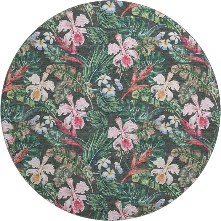 8' Midnight Green And Pink Geometric Washable Round Rug With UV Protection