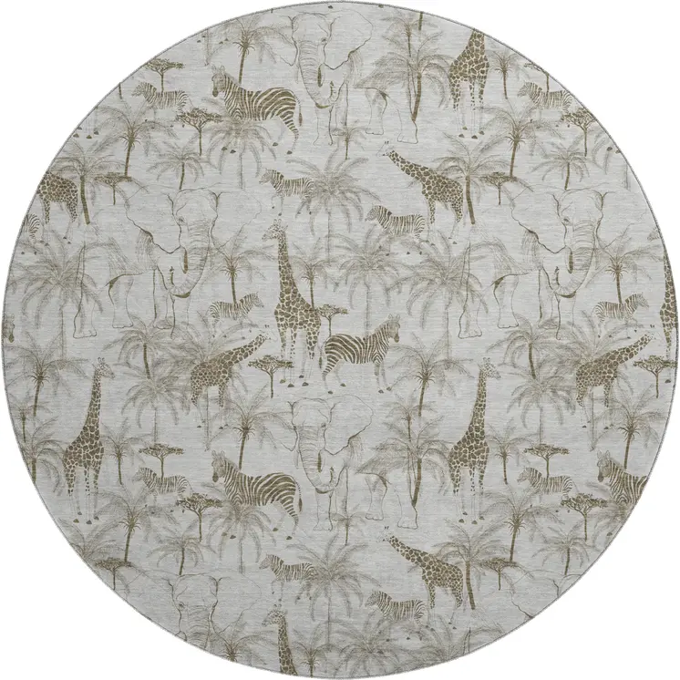 8' Light Gray And Brown Geometric Washable Round Rug With UV Protection