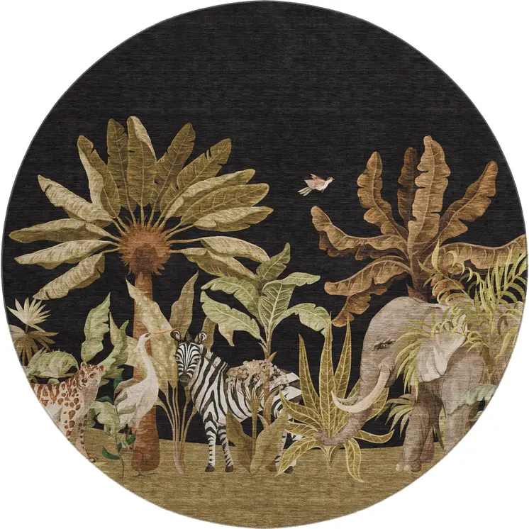 8' Midnight Brown And Olive Green Geometric Washable Round Rug With UV Protection