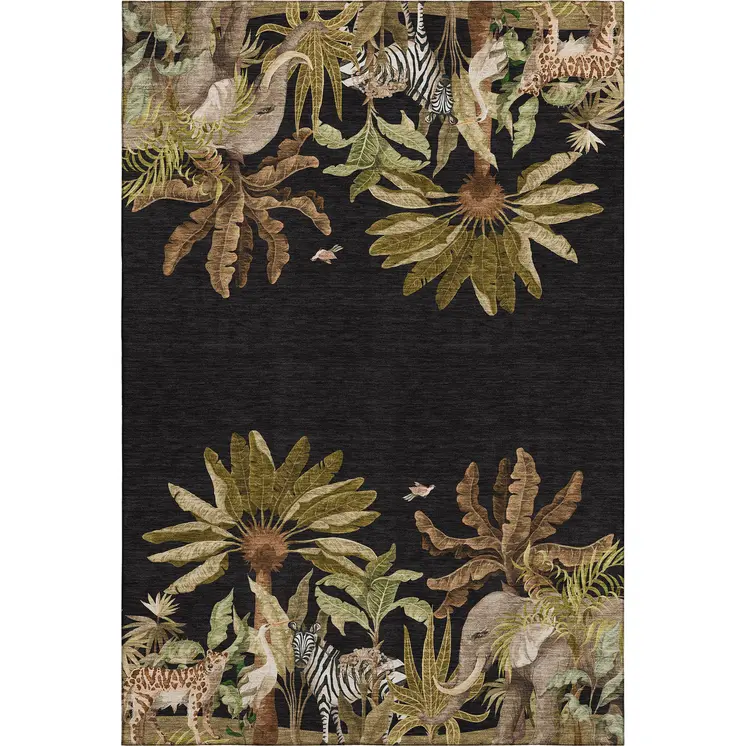 10' X 14' Midnight Brown And Olive Green Geometric Washable Area Rug With UV Protection