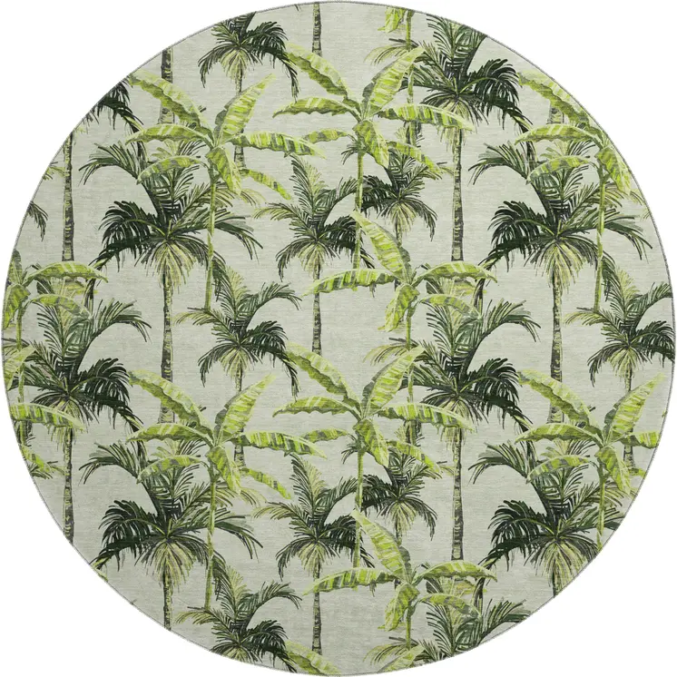 8' Green Ivory And Charcoal Geometric Washable Round Rug With UV Protection