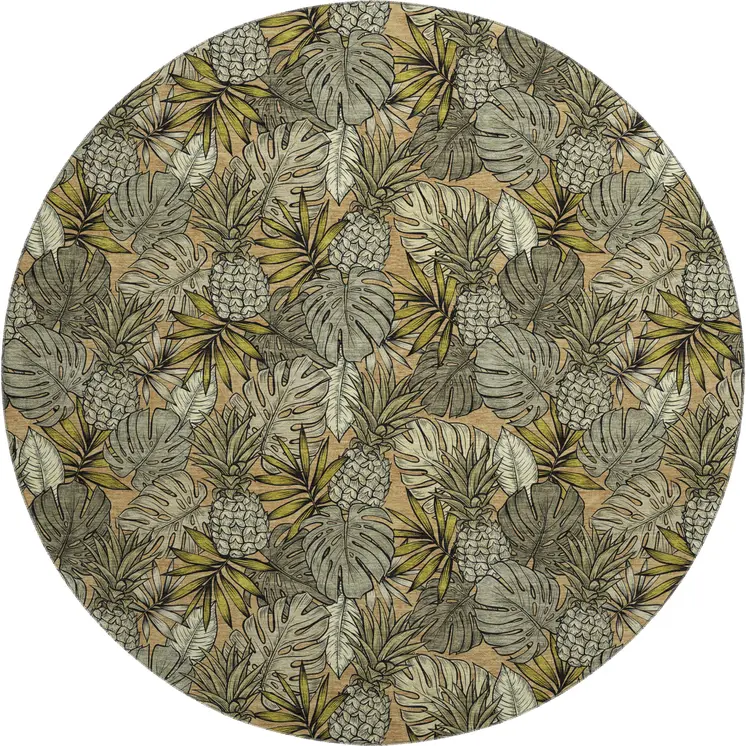 8' Khaki Gray And Yellow Geometric Washable Round Rug With UV Protection