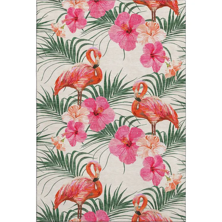 5' X 8' Pink Ivory And Green Geometric Washable Area Rug With UV Protection