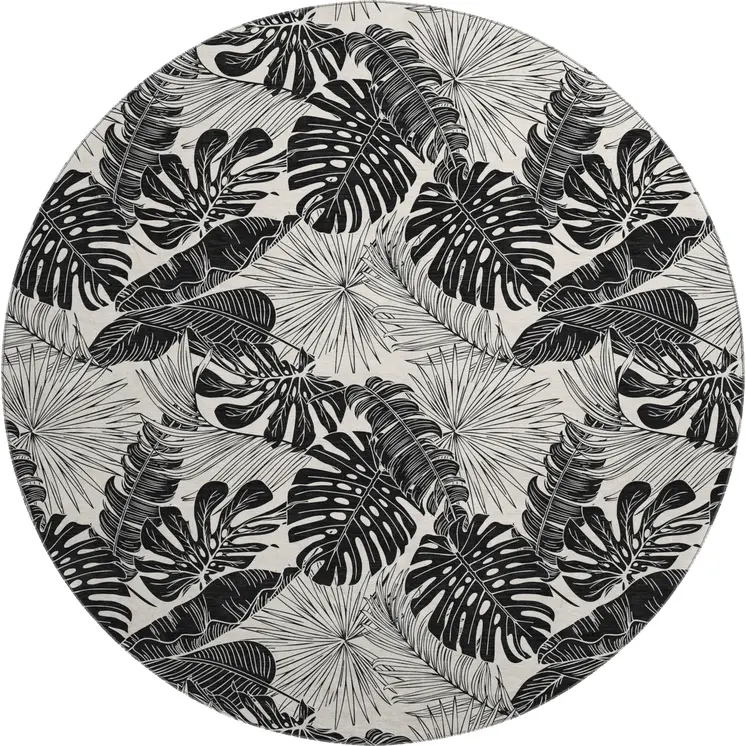 8' Midnight And Ivory Geometric Washable Round Rug With UV Protection
