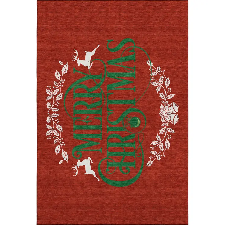 5' X 8' Ruby Red Green And Ivory Geometric Washable Area Rug With UV Protection