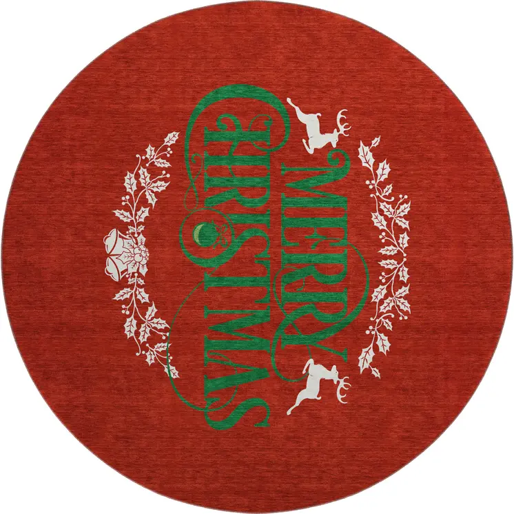 8' Ruby Red Green And Ivory Geometric Washable Round Rug With UV Protection