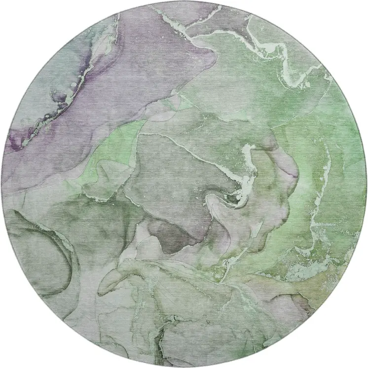 8' Green And Gray Abstract Washable Round Rug With UV Protection