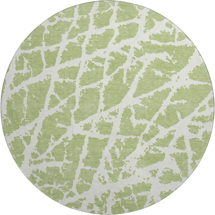 8' Fern Green And Ivory Abstract Washable Round Rug With UV Protection